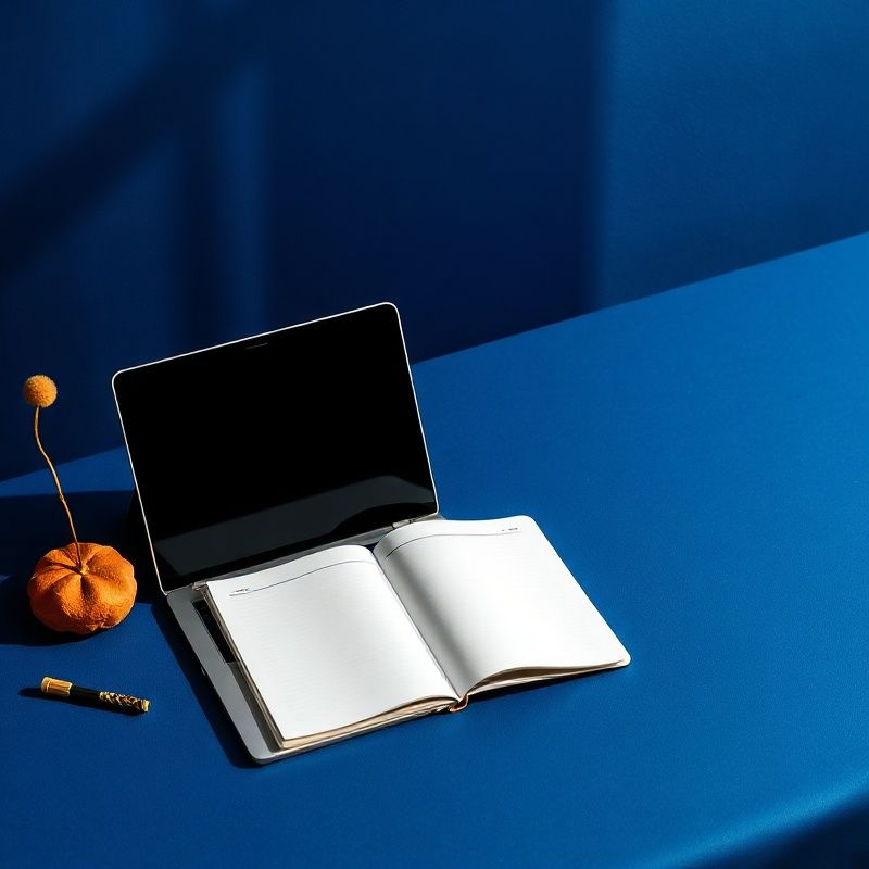 Minimalistički stol s laptopom i notesom u indigo tonovima