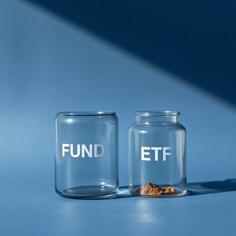 Dvije staklene tegle različitih veličina koje simboliziraju fond i ETF na indigo podlozi
