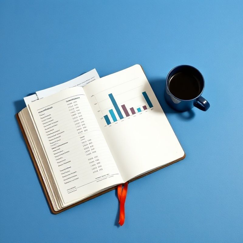 Otvorena bilježnica s financijskim ispisom pored indigo šalice